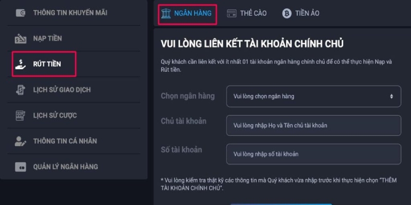 Điền đầy đủ dữ liệu cá nhân và thông tin tài khoản khi thực hiện rút tiền Fabet